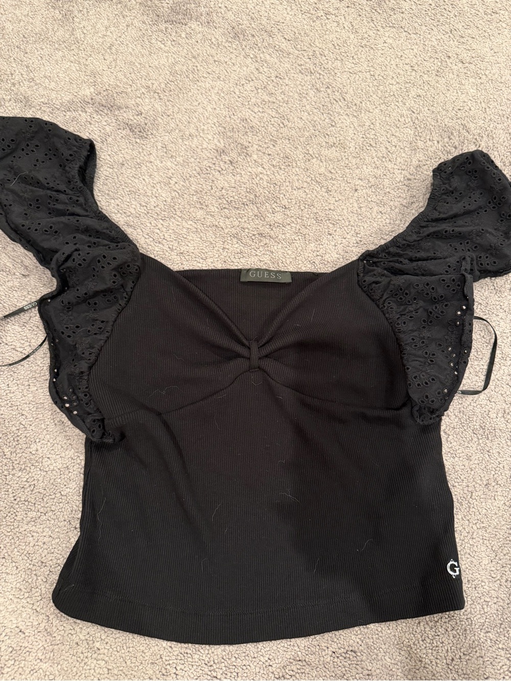 GUESS Black Knit Crop Top with Eyelet Flutter Sleeves